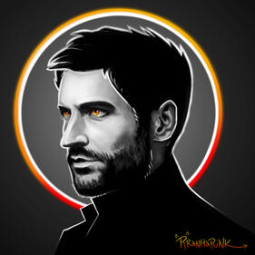 semi-realistic portrait of Lucifer framed by a yellow and red halo