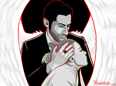 illustration of Lucifer protecting Chloe with his wings